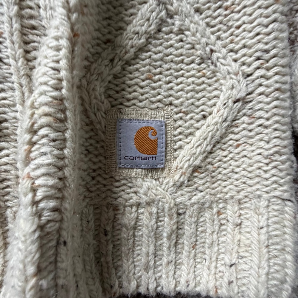 Carhartt Oatmeal Cable Knit Sweater Elbow Patches Women's XL Cabincore Gorpcore - Picture 8 of 12